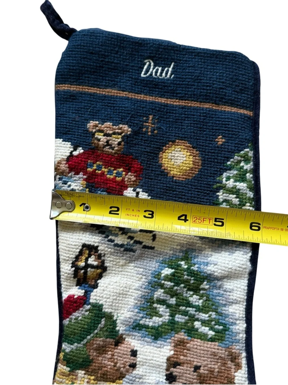 Vintage Wool Needlepoint Dad Teddy Bear Christmas Stocking Ski Lodge Holiday 17”